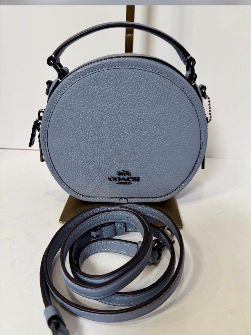 Coach Light Blue Pebbled Leather Round Canteen Crossbody Bag